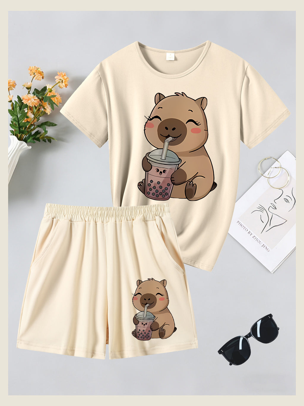 2pcs Women's Spring Summer Short Sleeve & Shorts Matching Outfit - Capybara Print Pajamas Gym Wear Sleepwear, Soft Breathable Pajamas, Valentine's Day Gift, Machine Washable 2pcs Set - Apricot + Apricot