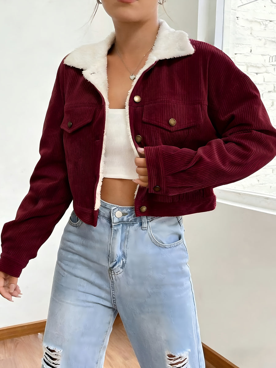 Women'S Short Corduroy And Lamb Jacket for Autumn And Winter, Featuring a Fleece Collar, Versatile Korean-Style Warm Top - Burgundy
