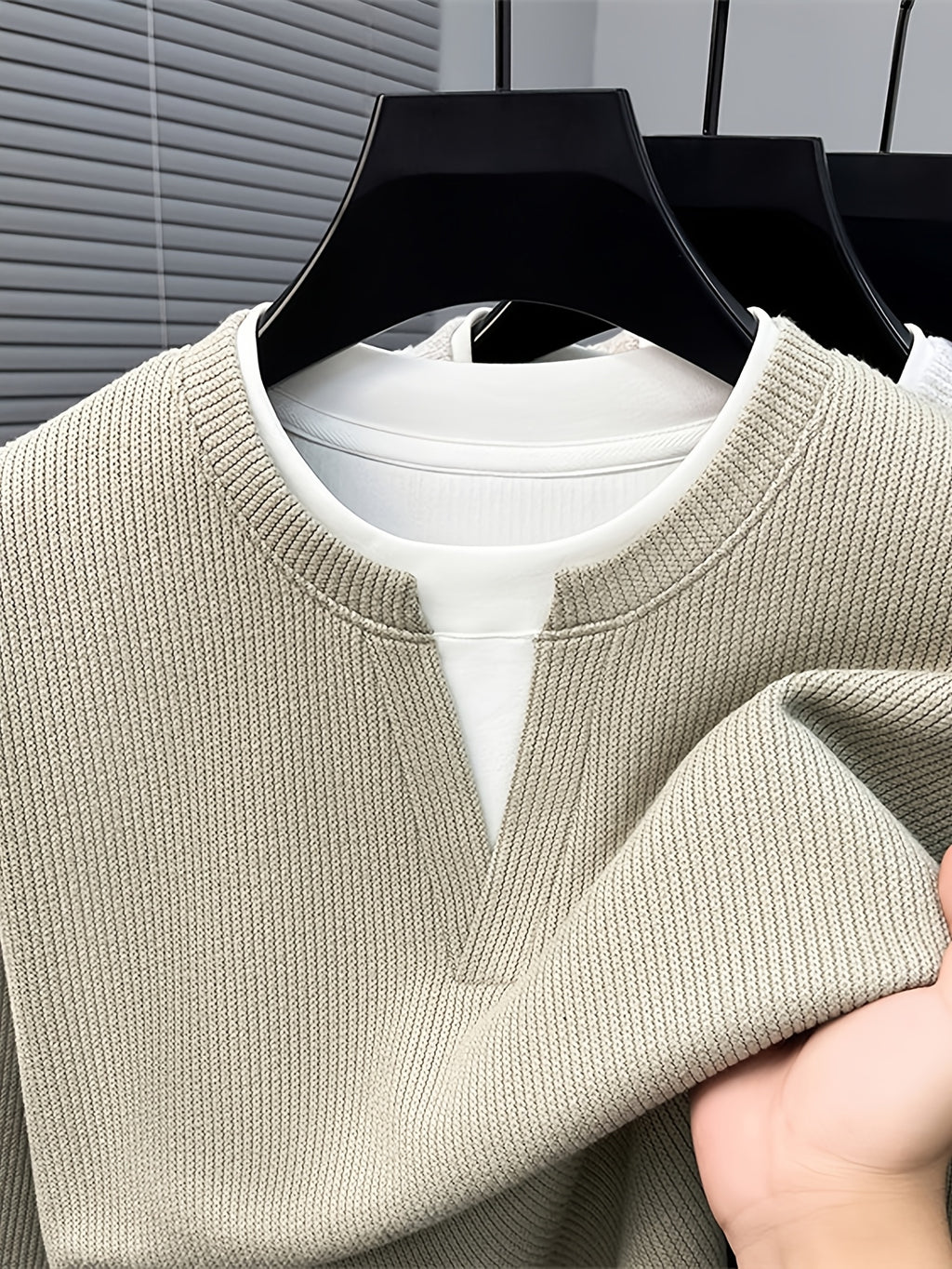 Men's Vertical Stripe V-Neck 2-in-1 Look Long-Sleeve Pullover Top, Regular Shoulder Long Sleeves, Ribbed Cuffs and Hem, Can Be Worn Alone or as a Layering Piece - SINBOS - Bean Green