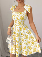 Elegant Temperament Shoulder Strap Back Smocked Dress for Women 7091 - Multicolor