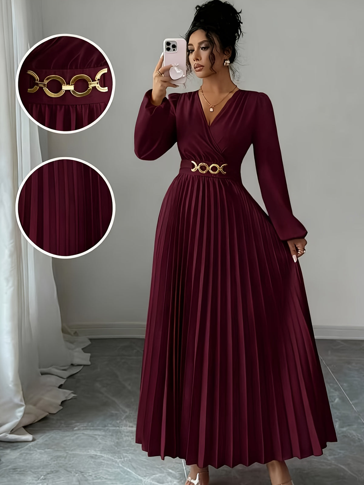 Solid Color V-Neck Long Sleeve Draped Hem Elegant Maxi Dress - Burgundy