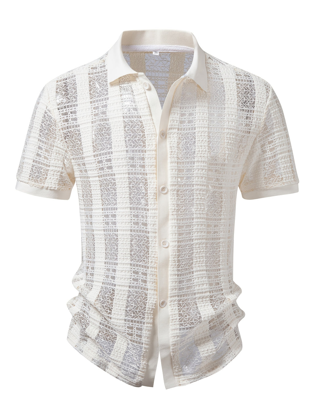 [Zhiyu'S Obm]European And American Men'S Middle Eastern Hollow Textured Jacquard Drop Shoulder Short Sleeve Shirt - White