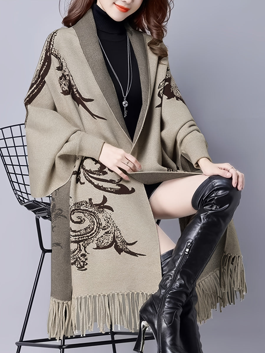 Pure Body Bust" Elegant Special Edition - 1pc Autumn/Winter New Arrival Women's Cardigan, Chinese Style Jacquard Color-Block Thickened Warm Windproof Batwing Sleeve Open Front Knitwear, Women's Elegant, Fashionable, and Versatile Fringe Shawl Sweater - Beige Gray