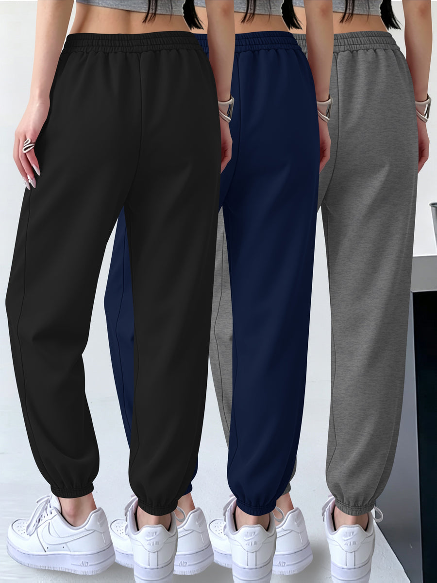 3pcs Set Halloween Casual Long Pants Elastic Waistband Pants, Warm Elastic Waistband Casual Trousers for Women's Outerwear in Fall/Winter - Black+blue+dark Gray