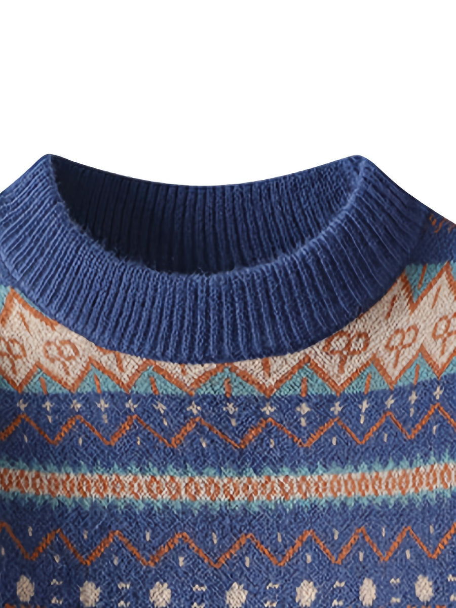 Men'S Round Neck Sweater, Autumn And Winter New Style, Personalized Ethnic Style, Fashionable Contrasting Color Knit Sweater, Warm Pullover, Base Top - Navy Color