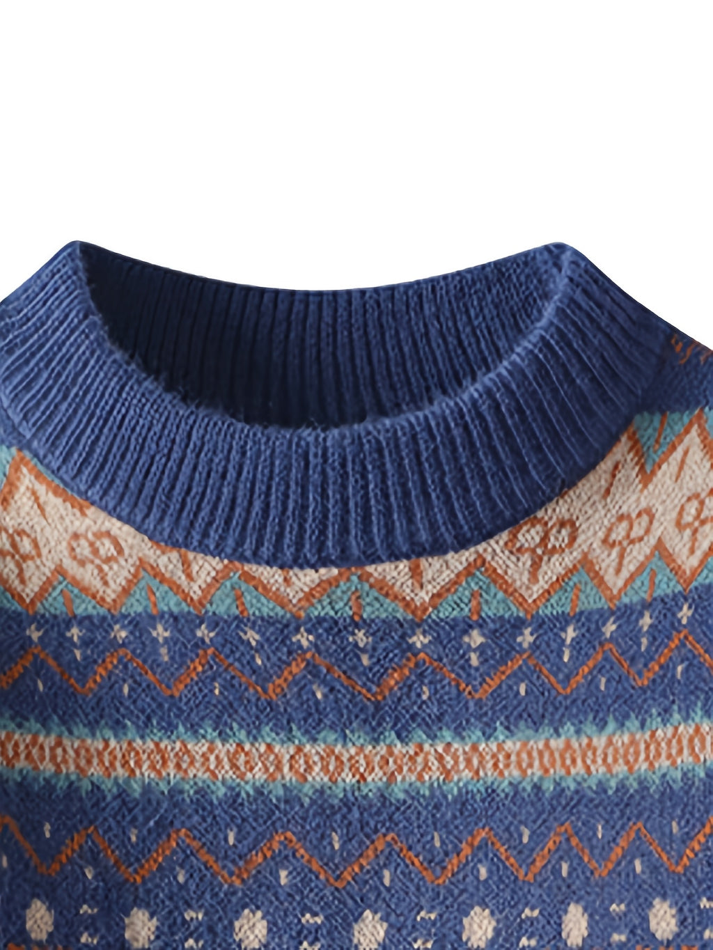 Men'S Round Neck Sweater, Autumn And Winter New Style, Personalized Ethnic Style, Fashionable Contrasting Color Knit Sweater, Warm Pullover, Base Top - Navy Color