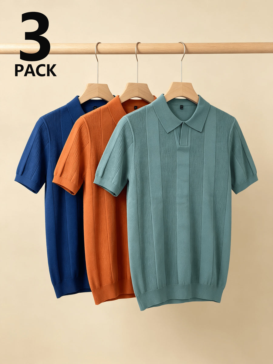 Men 3pcs Vertical Textured Knit Polo Shirts, Slim Fit Notch Collar Short Sleeve Knitwear, Lightweight Comfort Shirts for Office Vacation Daily Wear - Dark Blue-Orange-Gray Green