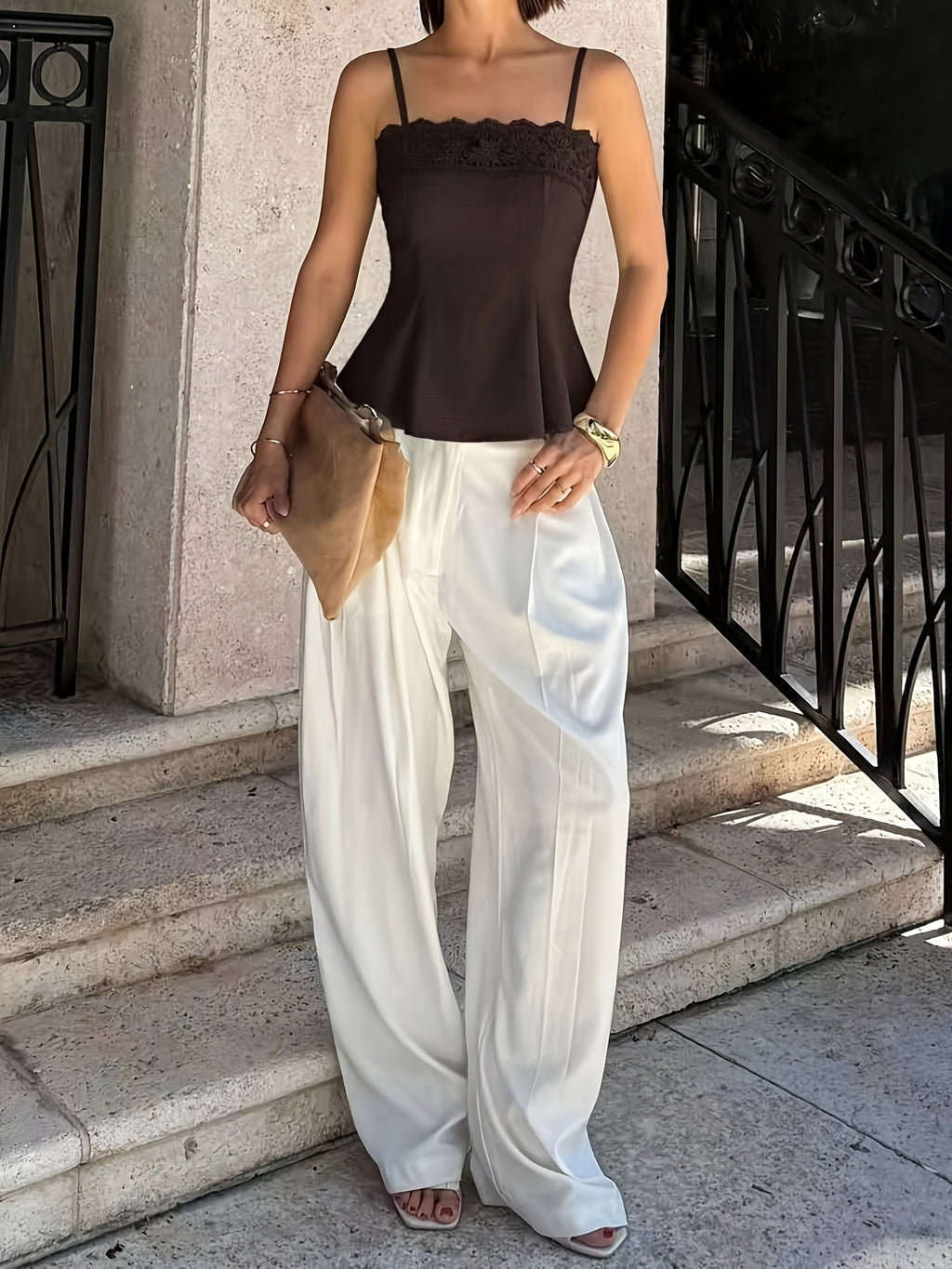 Lace-trimmed Solid Color Spaghetti Strap Top - Coffee Brown