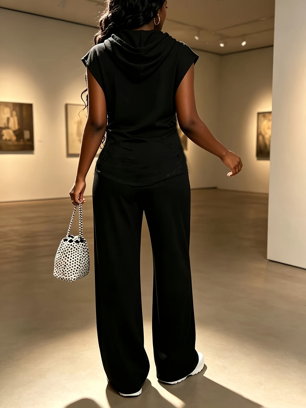 Solid Color Women's Spring/Summer/Autumn Loose Sleeveless Hooded Top + Flowy Wide-Leg Casual Pants Private-Level Lazy Set - Black