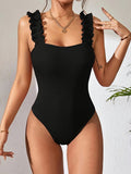 Solid Color Pleated Thin Strap Bodysuit - Black