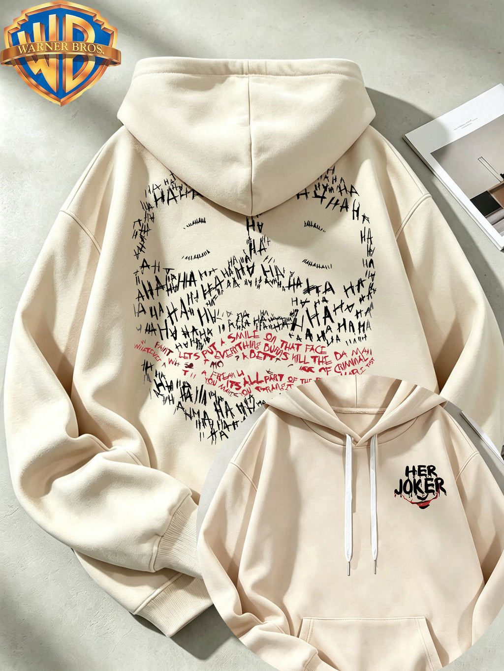 Joker HAHA Text Surround Graffiti Print Trendy Cool Casual All-Match Sports Drawstring Pocket Hooded Men'S Sweatshirt, Men'S Autumn Winter Cute Casual Style - Apricot