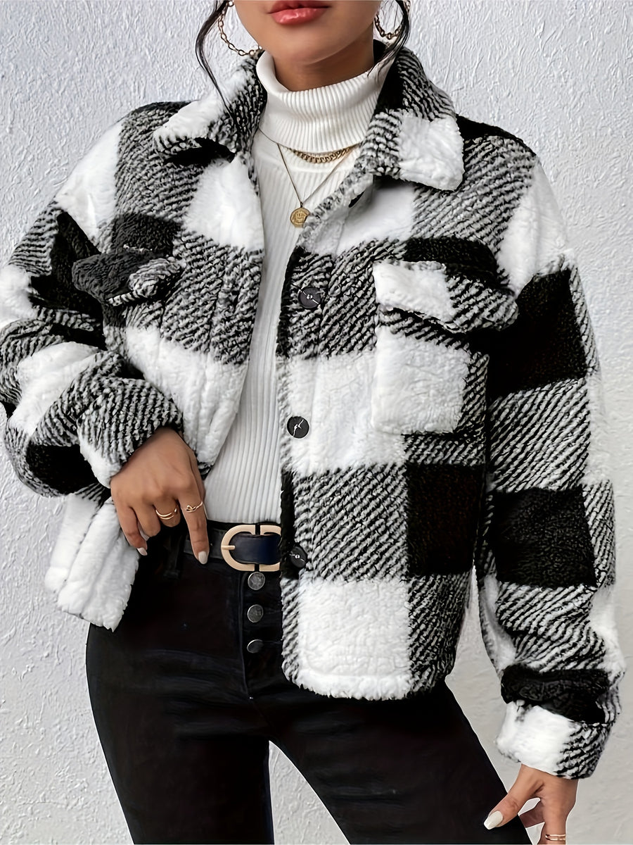 Women's Casual Plaid Lapel Jacket - Black