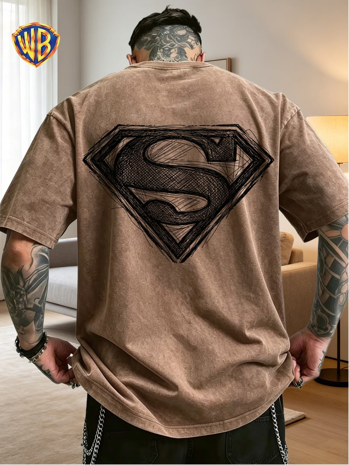 100% Washed Distressed T-Shirt, Superman Hand-Drawn Sketch Shield Logo Print Short Sleeve Top, Suitable for Outdoor Wear, Gym, Office, And Casual Fashion, Essential for Men'S Wardrobe - Unisex - Coffee Color