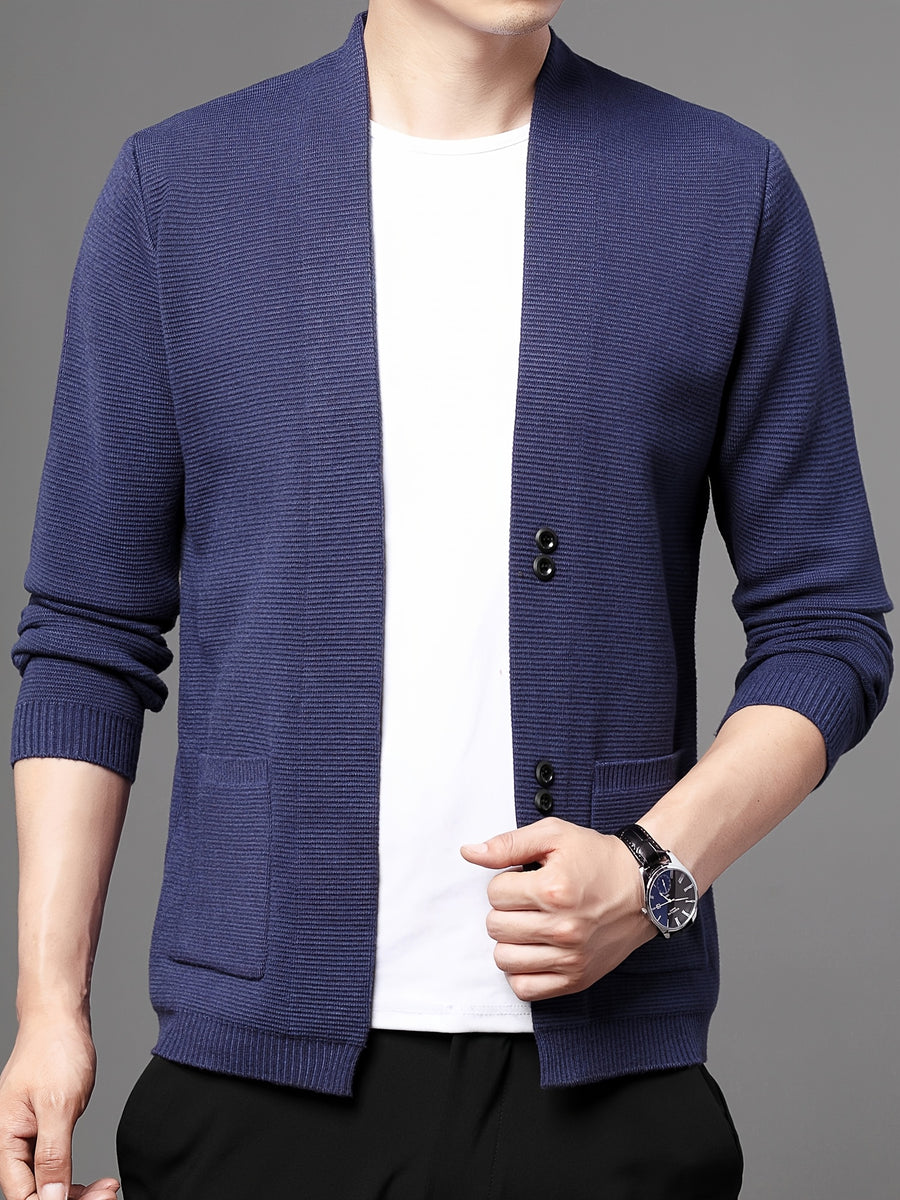 Du Jing Lan OBM Spring/Summer New Arrival Men's Knitted Cardigan, Old Money Style Solid Color V-Neck Long Sleeve Open Front Knit Cardigan, Men's Business Casual Fashion Single-Breasted Ribbed Sweater Jacket with Side Pockets, Suitable for Layering - Royal Blue