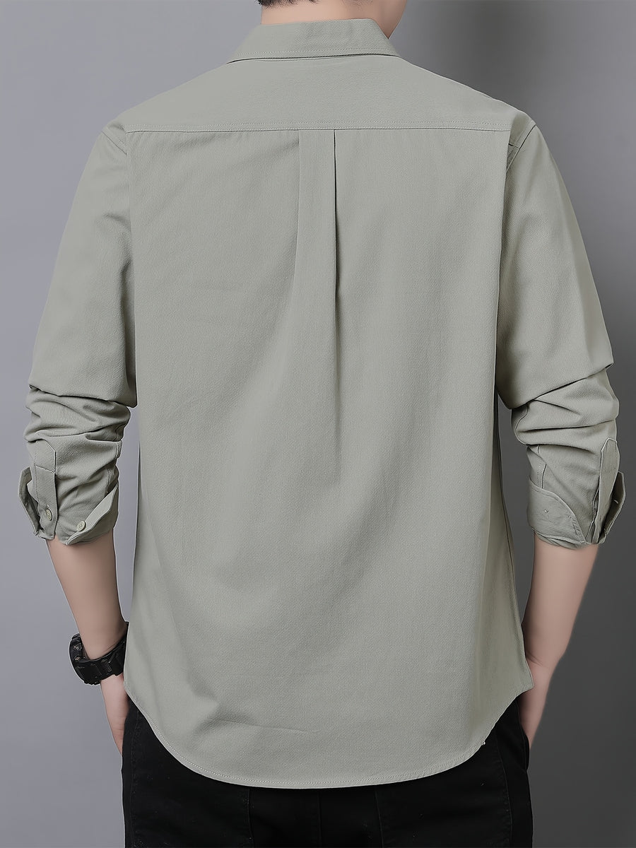 Men'S Long Sleeve Shirt with Lapel, Easy Letter Print Solid Color Hidden Single Pocket Casual Shirt, Washed Breathable Fabric, Spring/Autumn Commute Daily Wear Men'S Top, Inner And Outer Wear Multi-Color Available - Bean Green