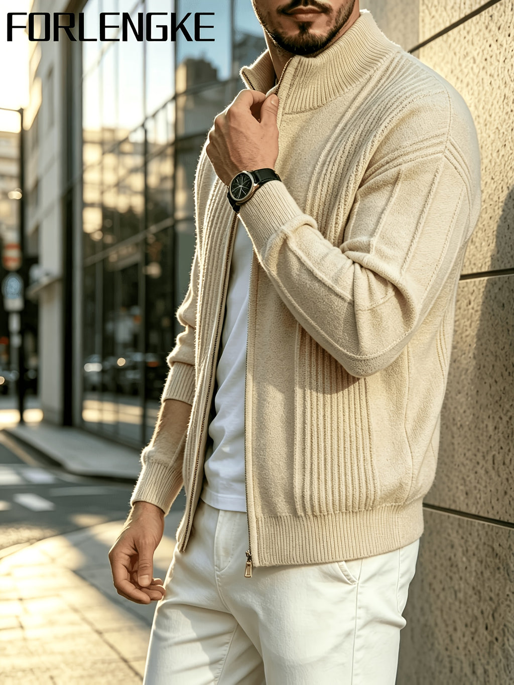 FORLENGKE Men'S Business Casual Stand Collar Full Zip Vertical Ribbed Knit Cardigan, Soft Thick Loose Long Sleeve Sweater Jacket for Fall Winter Office Daily Wear - Apricot