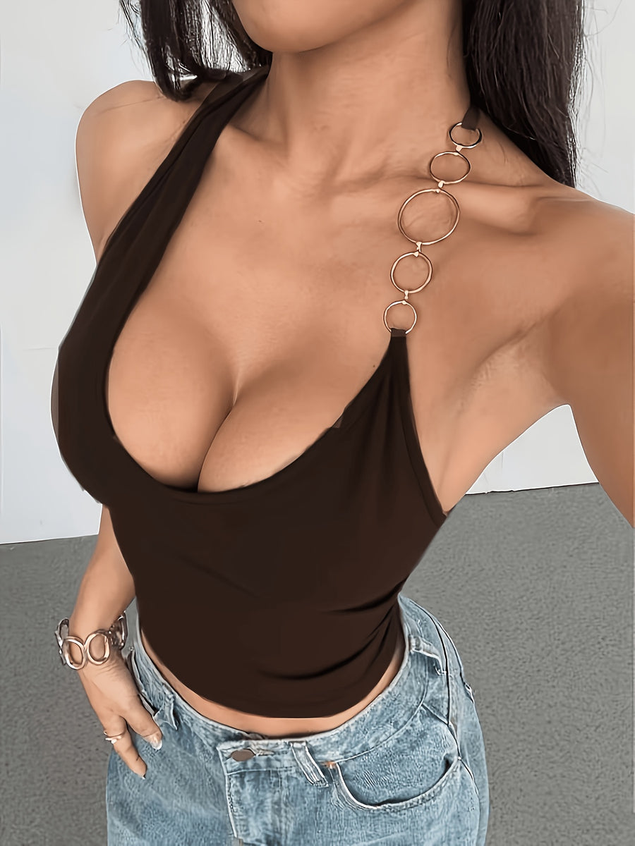 Women'S V-Neck Backless Camisole Metal Chain Halter Sexy Top - Coffee Brown