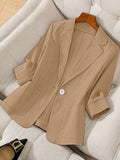 Women's Fashion Lapel | Button | Three-Quarter Sleeve | Pocket | Elegant | Solid Color | Shawl | Casual Blazer | 100% Polyester Lightweight Fabric - Machine Washable - | Office | Casual | Party | Outing First Choice | Versatile Professional Top | - Camel