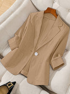 Women's Fashion Lapel | Button | Three-Quarter Sleeve | Pocket | Elegant | Solid Color | Shawl | Casual Blazer | 100% Polyester Lightweight Fabric - Machine Washable - | Office | Casual | Party | Outing First Choice | Versatile Professional Top | - Camel