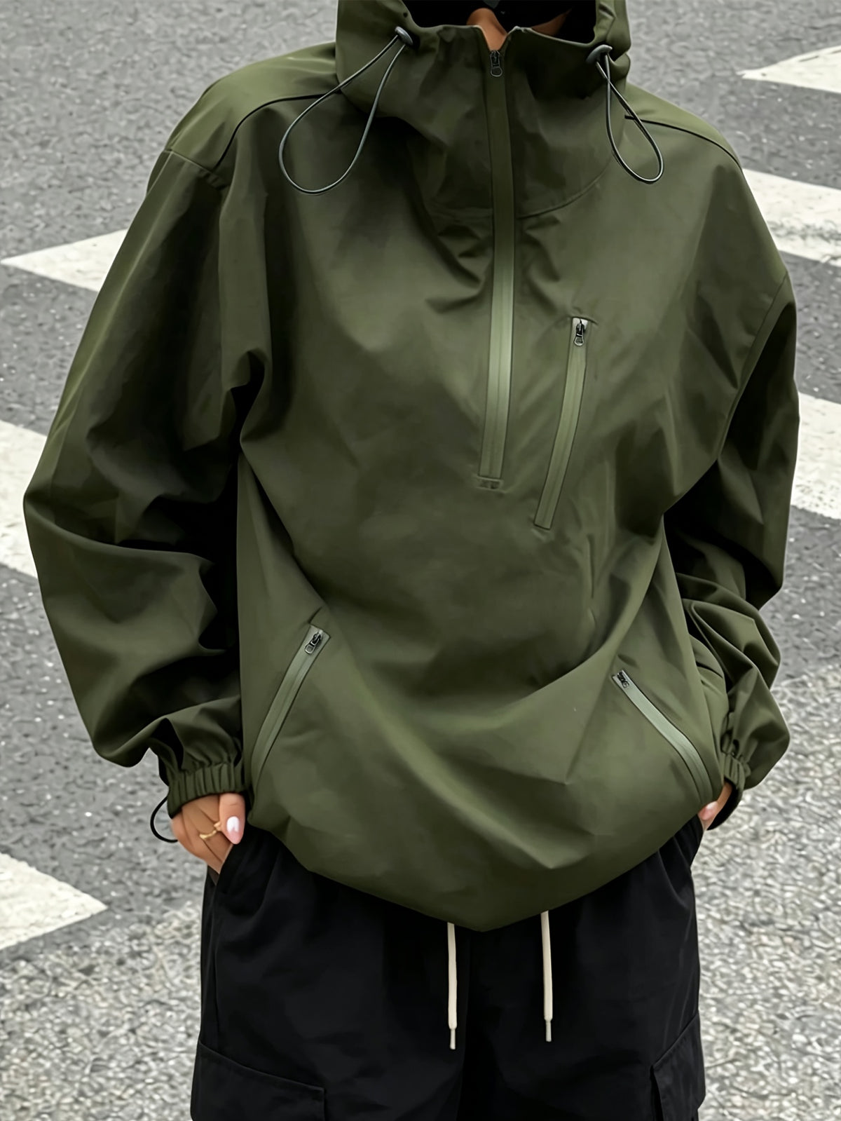 American Retro Half-Zipper Hooded Pullover Outdoor Work Jacket Women'S Spring Loose Design Pullover Jacket Casual Versatile Top - Olive Green