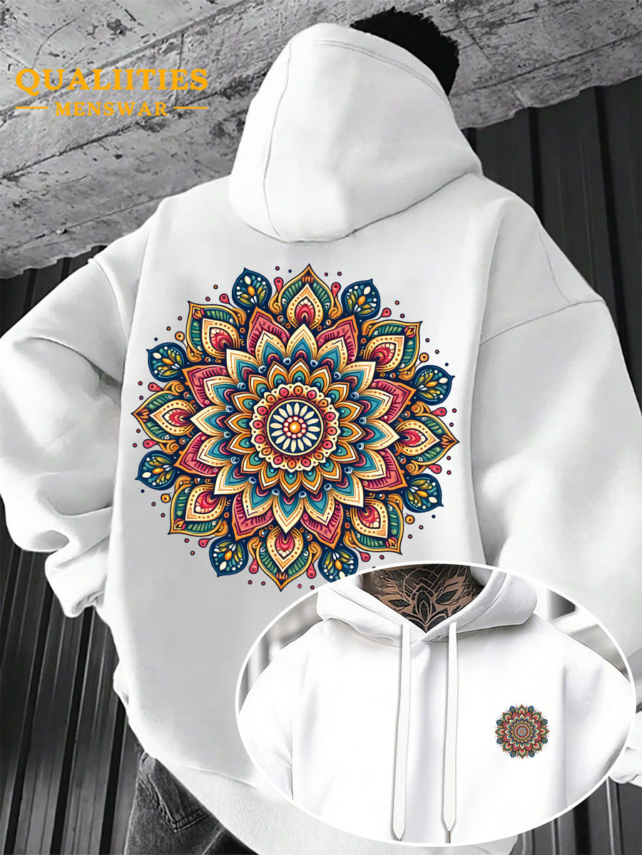 Men's "Mandala" Print Hooded Sweatshirt - Relaxed Fit, Simple and Distinctive Design, Loose Cut for Comfort and Style, Machine Washable Casual Pullover for Autumn/Winter, Suitable for Casual Wear, Hooded Sweater, Winter Apparel, Fashionable Design - White