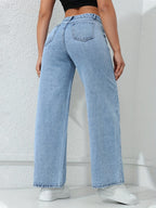 Women'S Loose Casual Straight-Leg Jeans with Pockets, High-Waist Relaxed Comfortable Wide-Leg Denim, Blue Light Washed, Slanted Pocket Mid-Stretch Straight-Leg Jeans, Women'S Jeans And Apparel - Light Blue