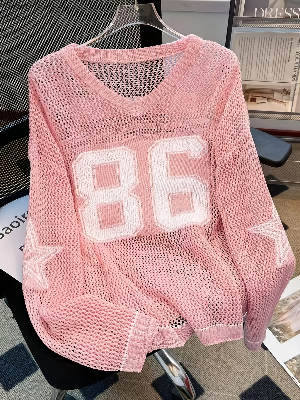 New Fashion Women'S Casual Trendy Cool Style Solid Color Number Star Mesh Shirt Daily Versatile Shopping Outfit Women'S Spring And Summer V-Neck Long-Sleeved Loose Long-Sleeved Pullover - Pink Color