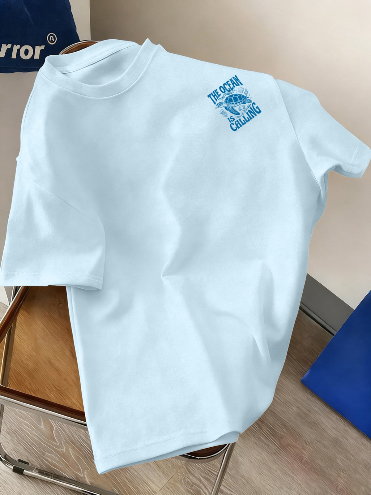 Men's New Style Pure Cotton Short Sleeve Crew Neck T-Shirt with "Ocean Call" Print, Suitable for Vacation, Leisure, Comfortable, Soft, Breathable, Summer Essential - Light Blue Color