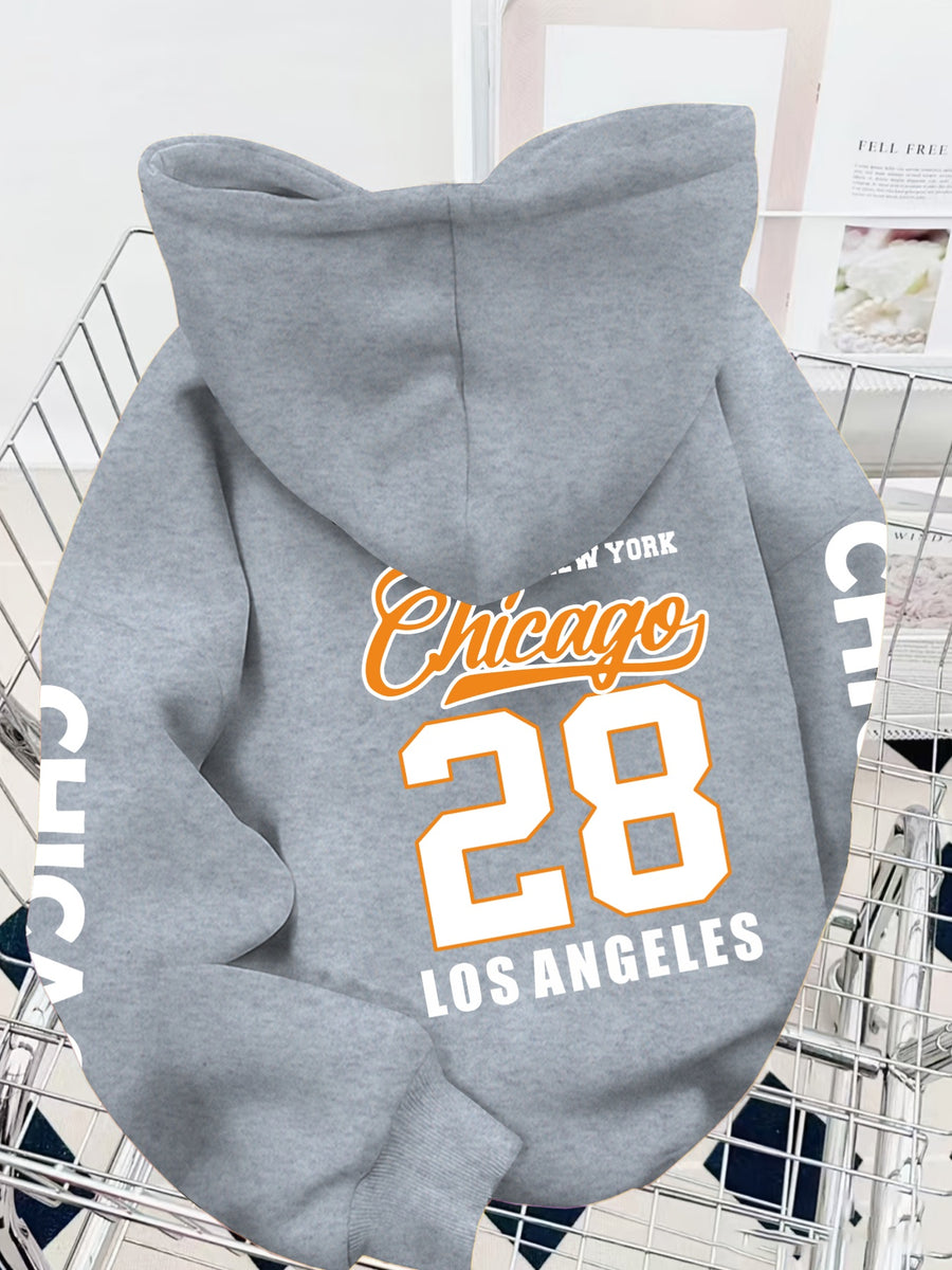 Chicago Back Print + Arm Graphic Design Men's Hooded Sweatshirt for Autumn/Winter, Casual Trendy Street Style Comfortable Fabric - Light Grey