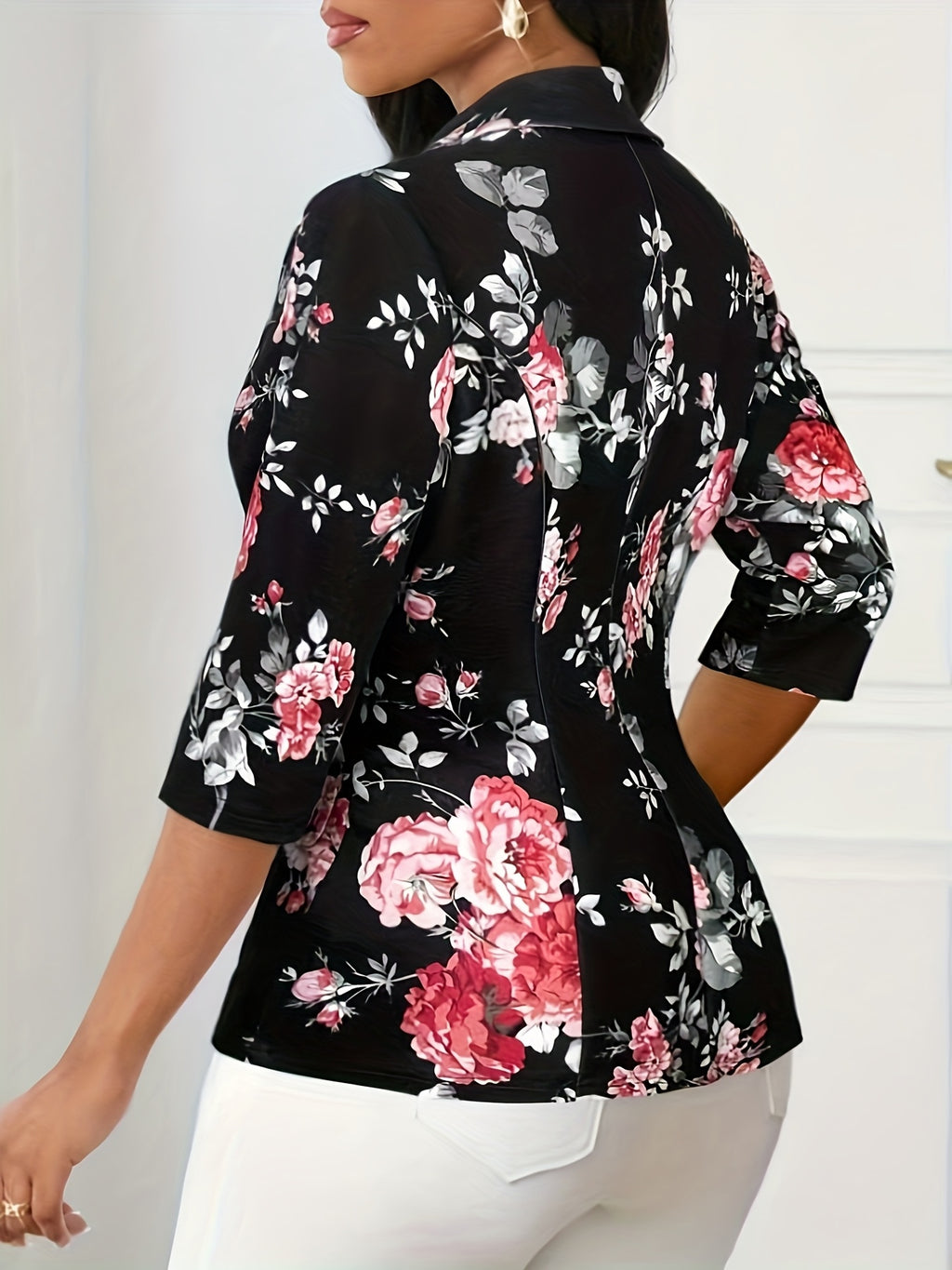 Elegant Women'S Outing, Dating, Work Versatile Fashion Printed Single-Button Blazer - Black