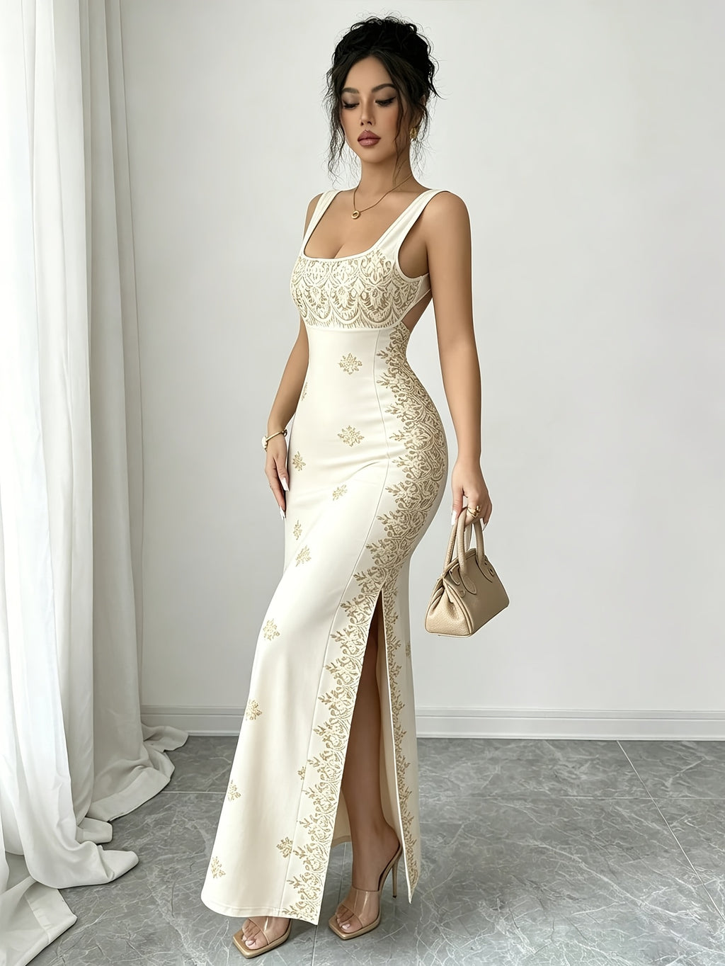 Women'S Dress Spring/Summer Retro Square Neck Printed Elegant Dress Bodycon Butt-Hugging Waist-Cinching Evening Party Long Dress - Apricot