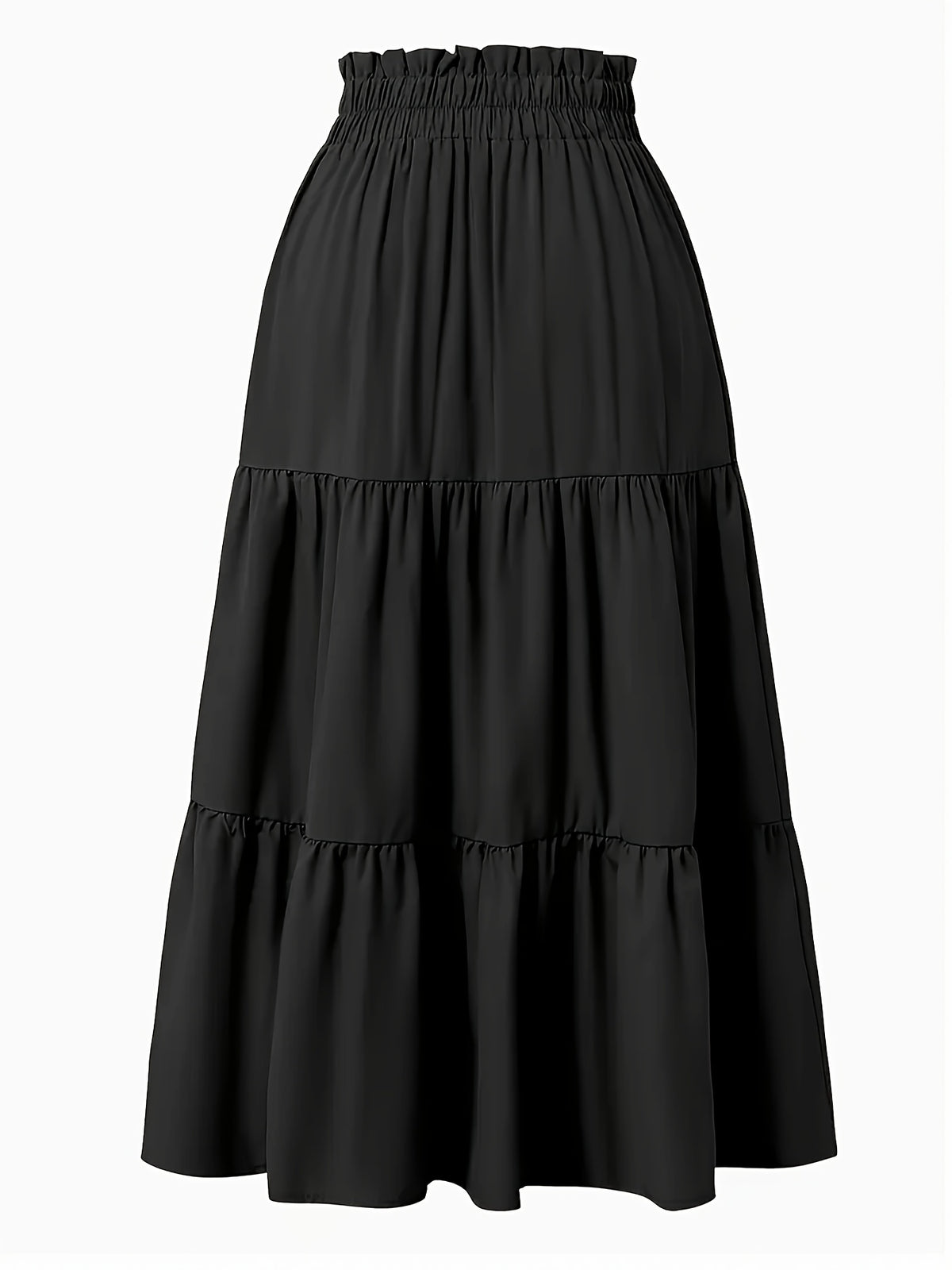 Women's Olive Green Pleated Midi Skirt - Lightweight Adjustable Drawstring Waist, Hand Washable Spring/Summer Elegant Solid Color Skirt for Casual & Formal Outfits, Casual Attire, Nontransparent Fabric, Spring Fashion, Classic Style, Breathable Material - Black