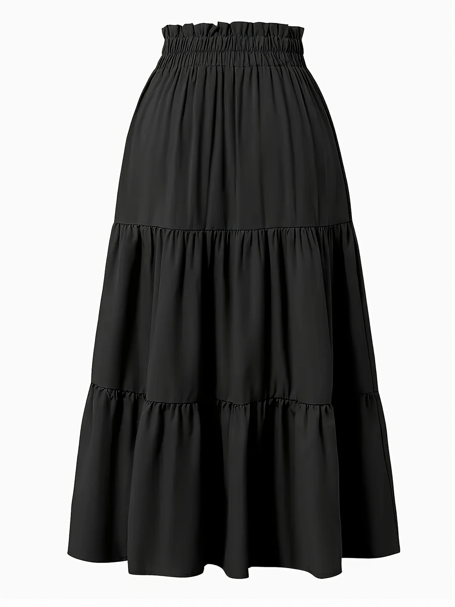 Women's Olive Green Pleated Midi Skirt - Lightweight Adjustable Drawstring Waist, Hand Washable Spring/Summer Elegant Solid Color Skirt for Casual & Formal Outfits, Casual Attire, Nontransparent Fabric, Spring Fashion, Classic Style, Breathable Material - Black