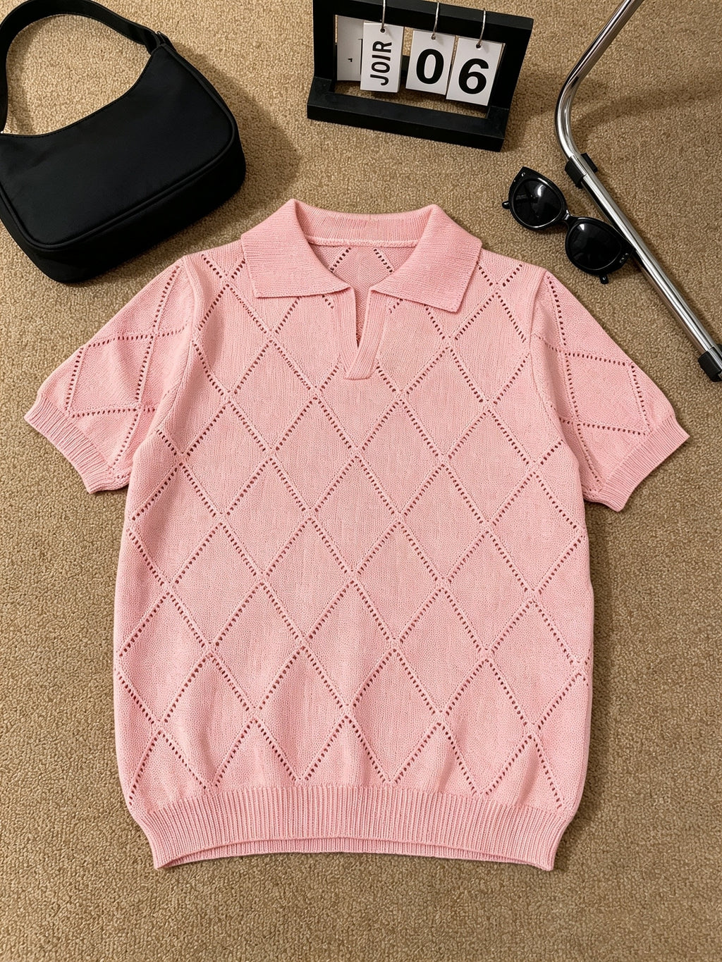 Men's Polo Collar Short Sleeve Knit Shirt, Textured Knit Top, V-Neck Lapel, Breathable Casual Pullover - Pink Color