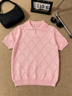 Men's Polo Collar Short Sleeve Knit Shirt, Textured Knit Top, V-Neck Lapel, Breathable Casual Pullover - Pink Color