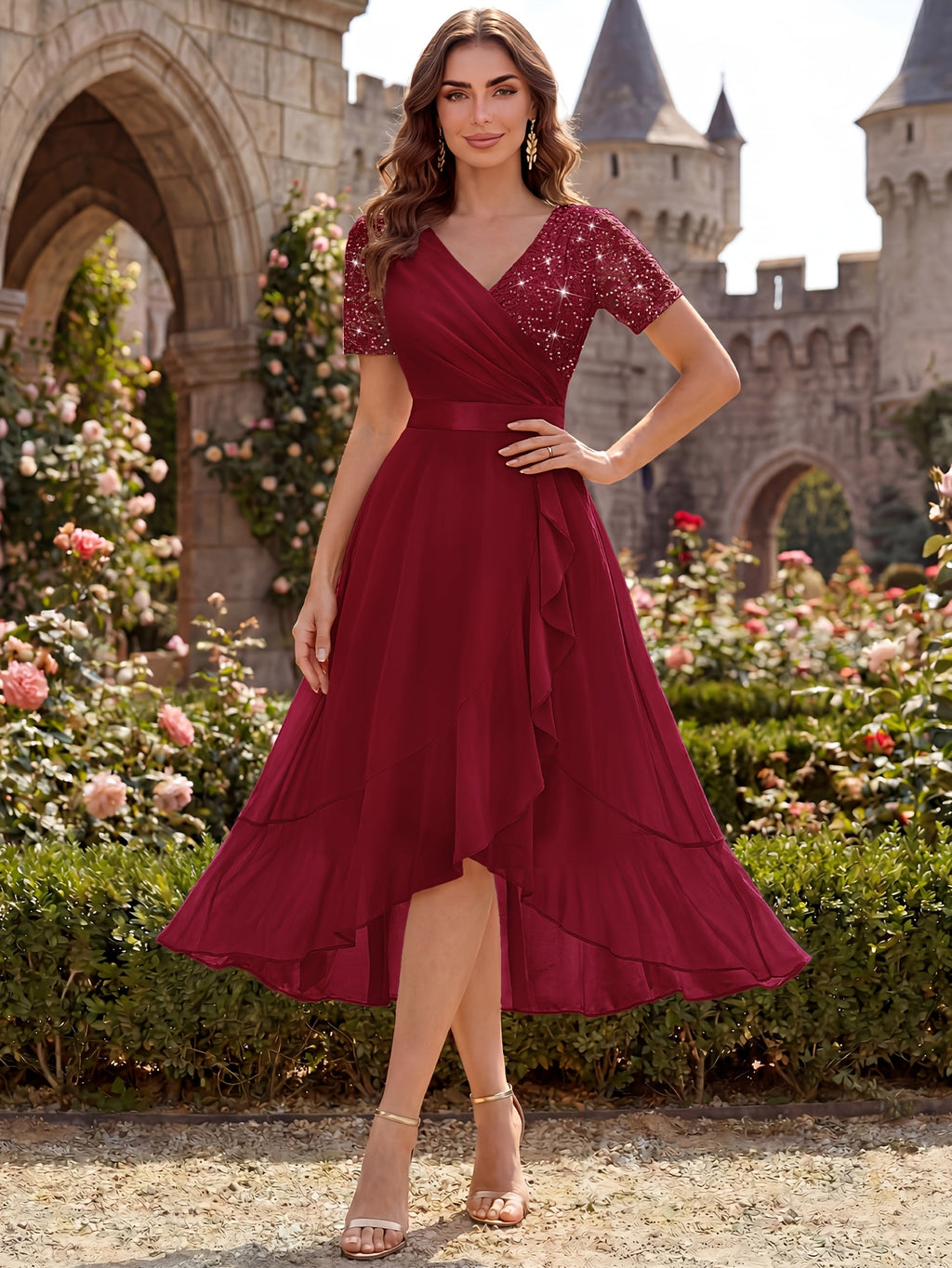 Women'S Elegant V-Neck Lace Chiffon Ruffled Trim Slit Wedding Party Long Dress - Red
