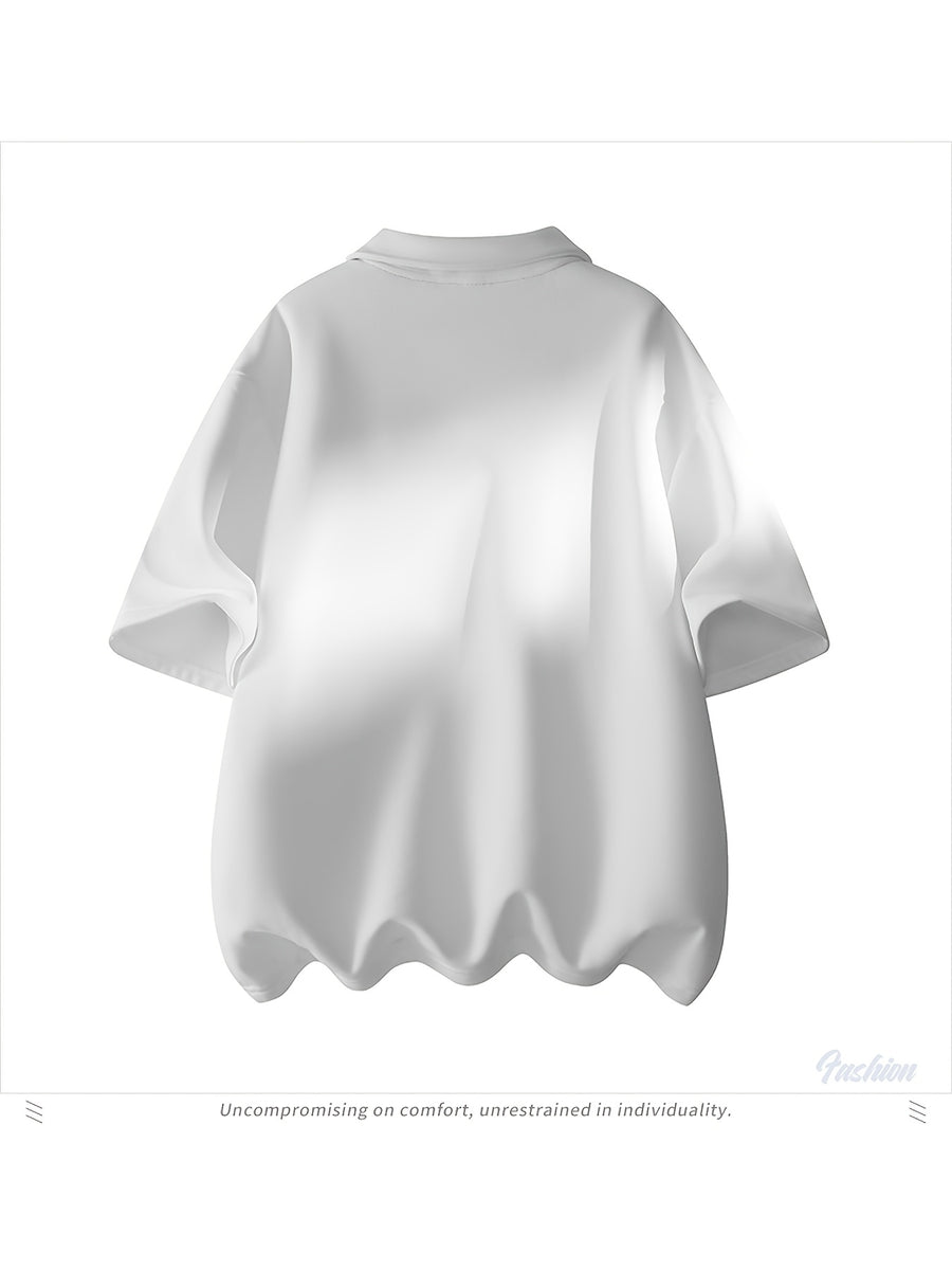 Men'S Summer Asymmetrical Cutout Lapel with Double-Button, Unisex Off-Shoulder Loose Curved Hem Drapey Short-Sleeve T-Shirt - Black