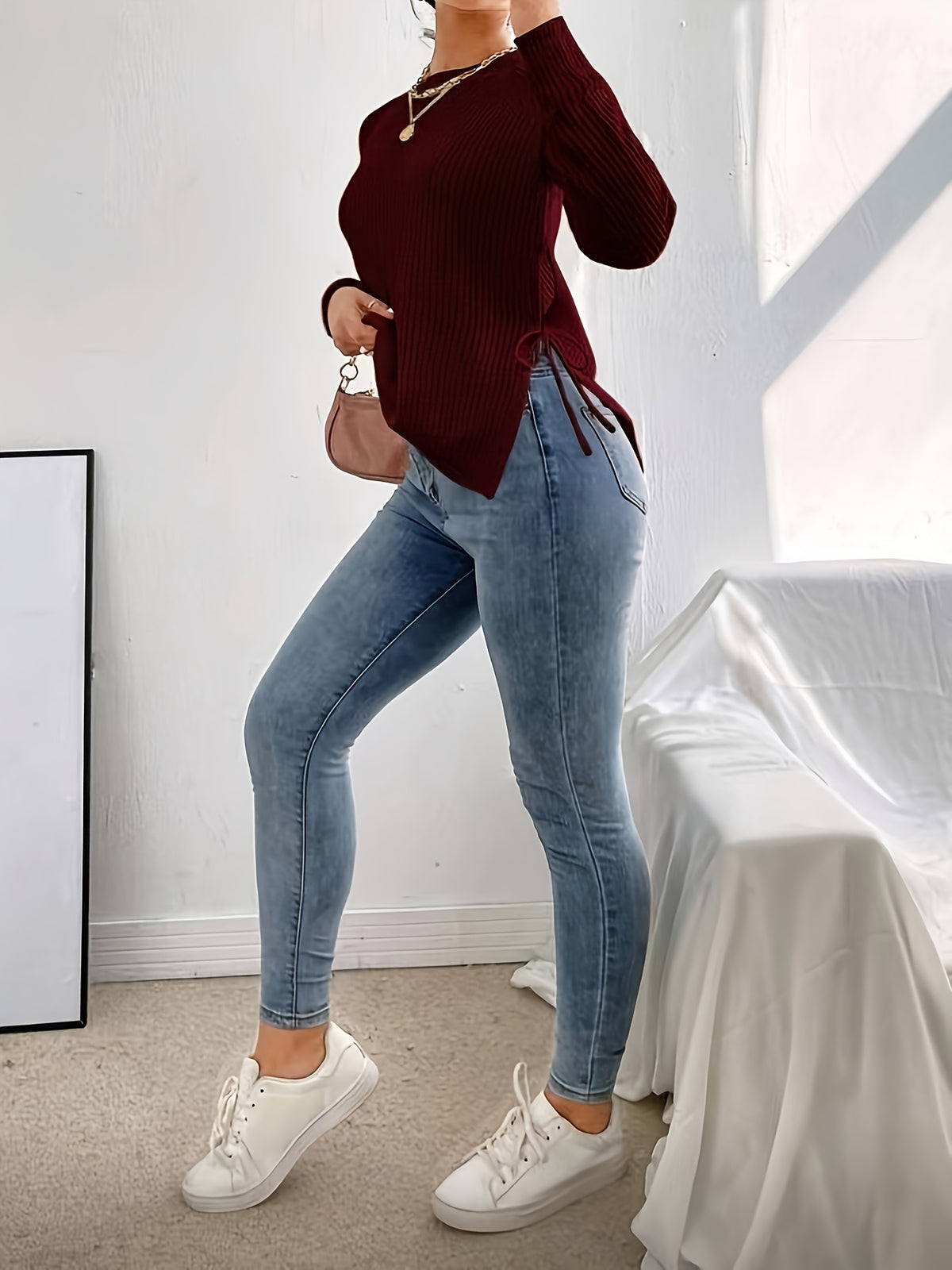Women's Slim Fit High Elasticity Long-Sleeve Top. Details: Slit Hem Bow Design Knitted - Ribbed Crew Neck Elegant Women's Wear for Autumn/Winter, Casual Everyday Semi-Formal Mustard Yellow Machine-Washable 100% Solid Versatile Base Layer Shirt - Burgundy