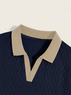 American Retro Polo Shirt Men'S Contrast Collar V-Neck Short Sleeve Textured Jacquard Casual Top (Random Texture) - Navy Color