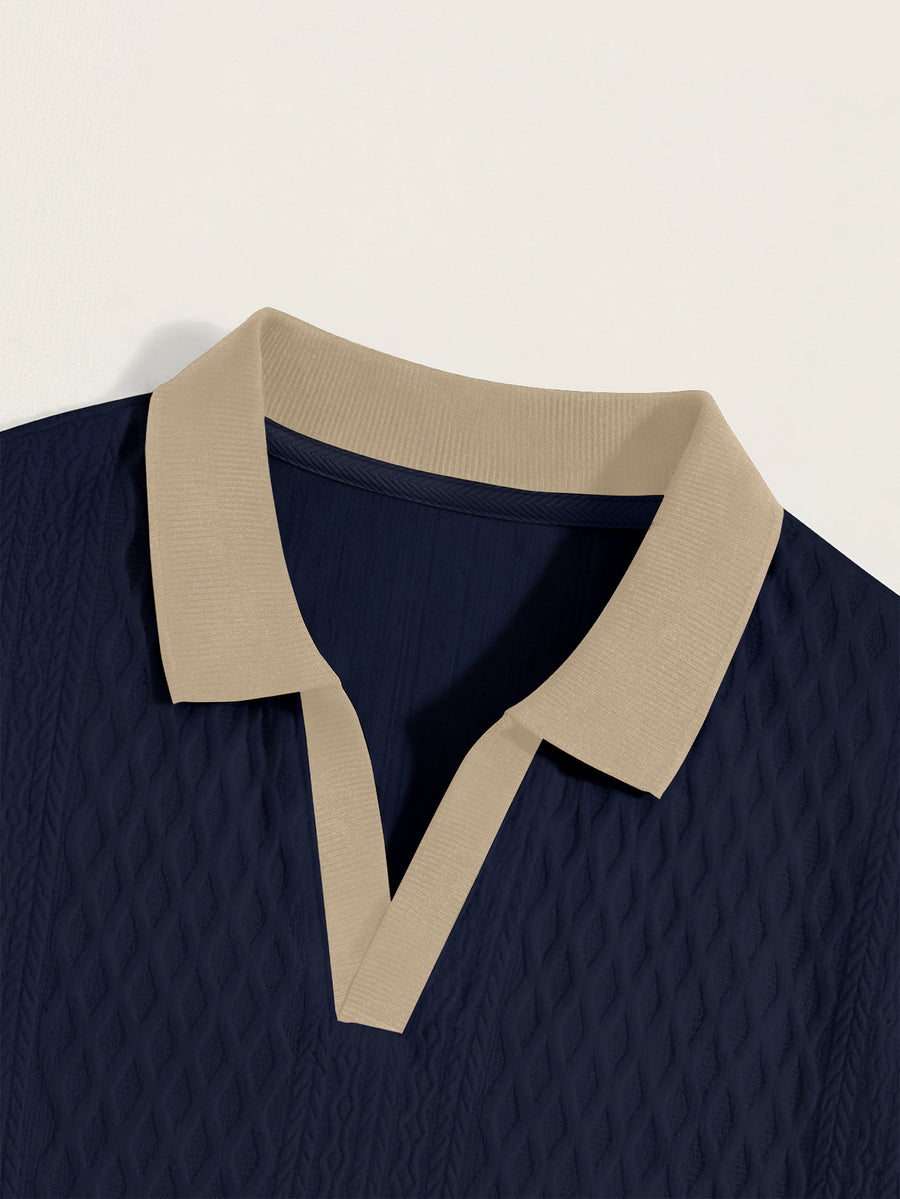 American Retro Polo Shirt Men'S Contrast Collar V-Neck Short Sleeve Textured Jacquard Casual Top (Random Texture) - Navy Color