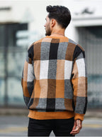 Men'S Casual Color-Block Checkered Design Loose Knit Pullover, Trendy Blocked Long Sleeve Round Neck Sweater, Suitable for Fall Winter Wear, Fashion Statement Piece - Orange