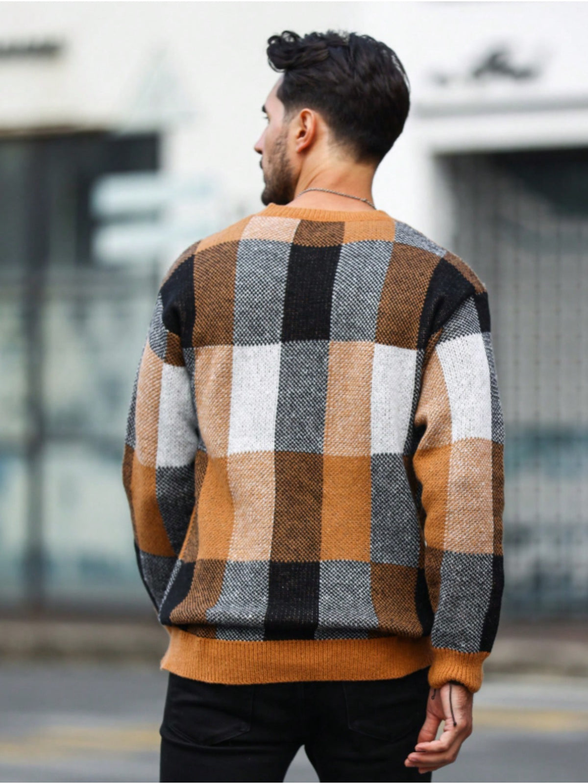 Men'S Casual Color-Block Checkered Design Loose Knit Pullover, Trendy Blocked Long Sleeve Round Neck Sweater, Suitable for Fall Winter Wear, Fashion Statement Piece - Orange