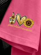 Plus Size, Plus-size Sunflower Print Round-neck Women's Casual Short-sleeve T-shirt, Suitable for Summer Vacations, Casual and Comfortable - Rose Red