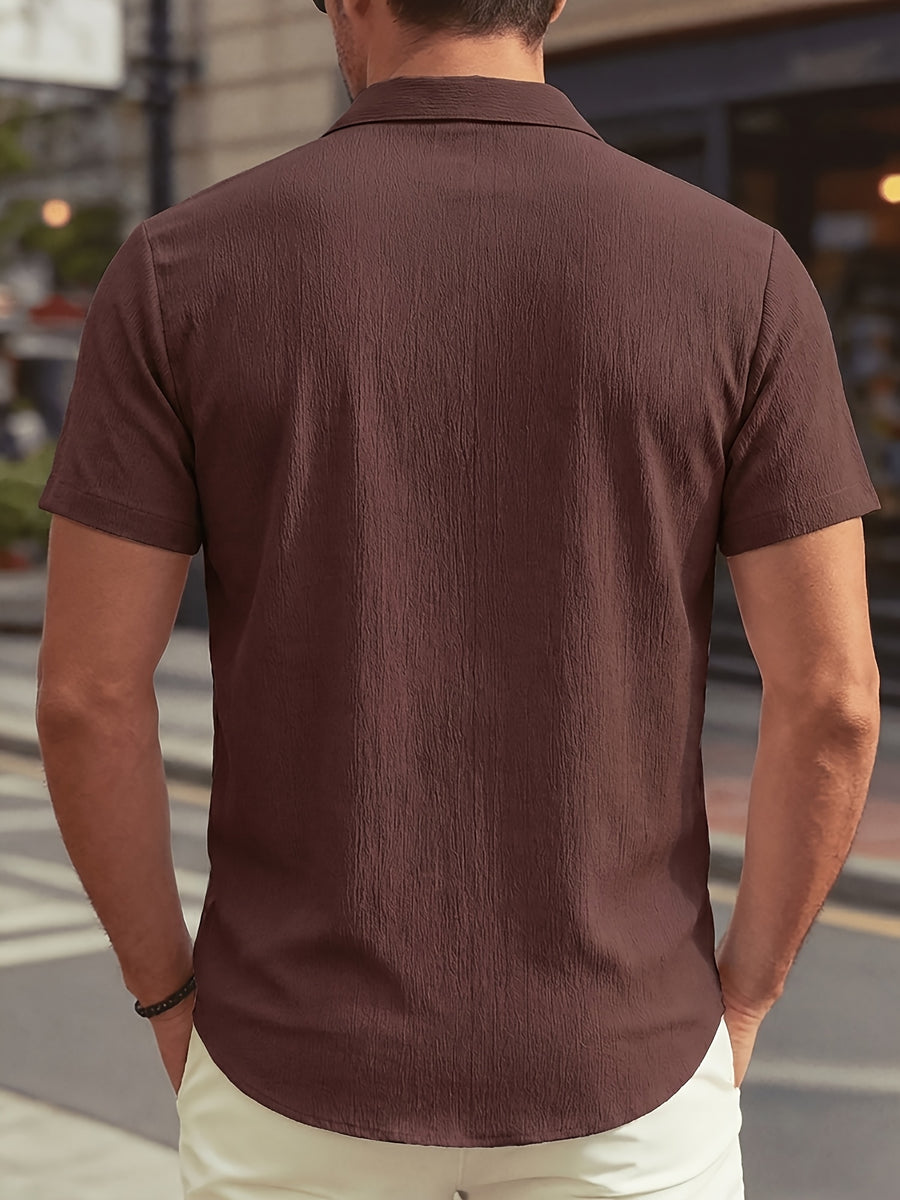 New Summer Men's Thin Stand Collar Casual Shirt, Solid Color Short Sleeve Business Fashion Button-Up Shirt for Muscular Men, Stylish Short Sleeve Design Suitable for Casual and Office Wear - Coffee Color