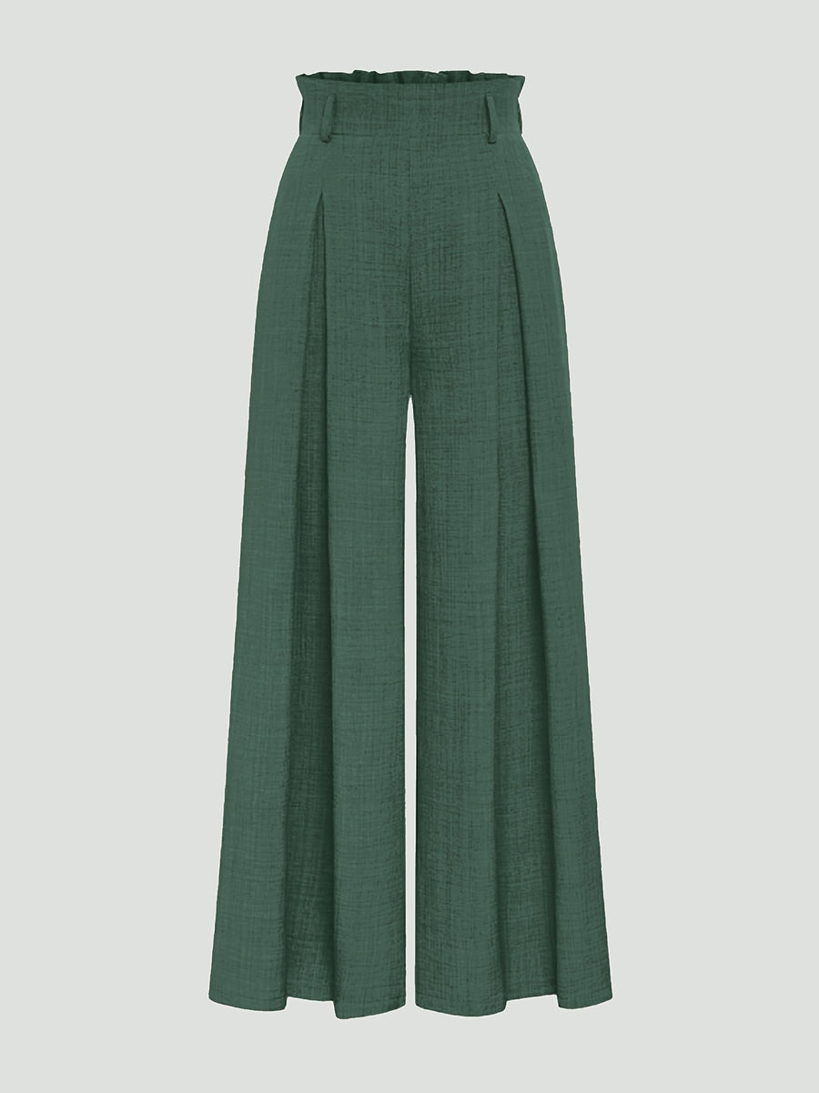 Women's High-Waisted Wide- Trousers - Loose-Fit Solid Color Pants Suitable for Daily Wear & Vacation, Beltless Spring/Summer Style for Office, Casual Outfits - Machine Washable Elegant Trousers - Dark Green