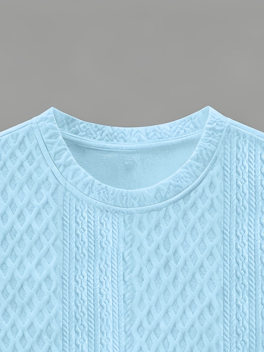 Men'S Round Neck Textured Fabric Short Sleeve T-Shirt, Suitable for Summer Casual Sports - Sky Blue