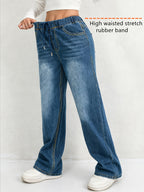 1pc Women's Casual Versatile Loose-Fit Comfortable Jeans, Suitable for All Seasons/Daily Commuting. Features an Elastic Waistband with Drawstring, Non-Stretch Wide-Leg Straight-Leg Denim Pants - Medium Blue