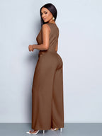 Women's Casual and Elegant Sleeveless Jumpsuit, Business Casual Wear, Simple Style Office Attire for Women - Coffee Color