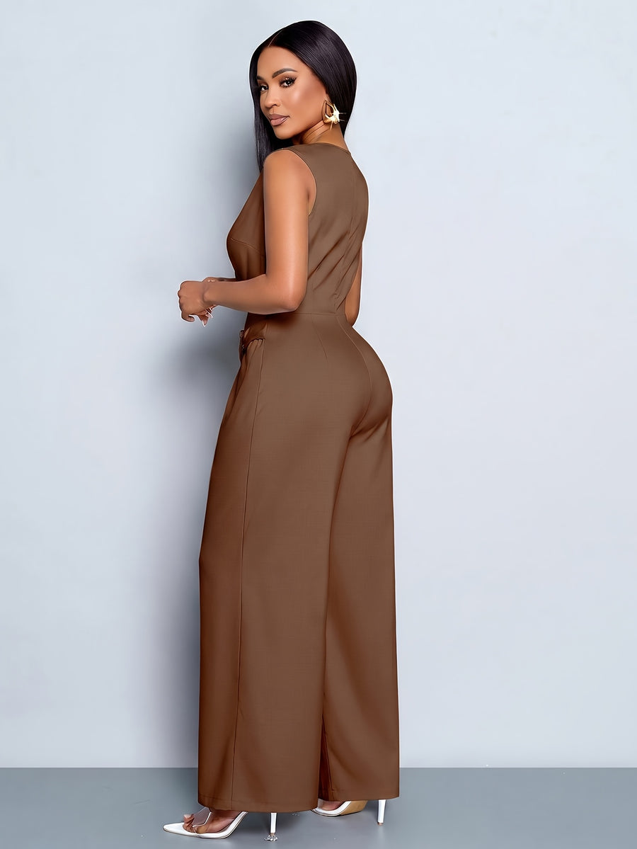 Women's Casual and Elegant Sleeveless Jumpsuit, Business Casual Wear, Simple Style Office Attire for Women - Coffee Color