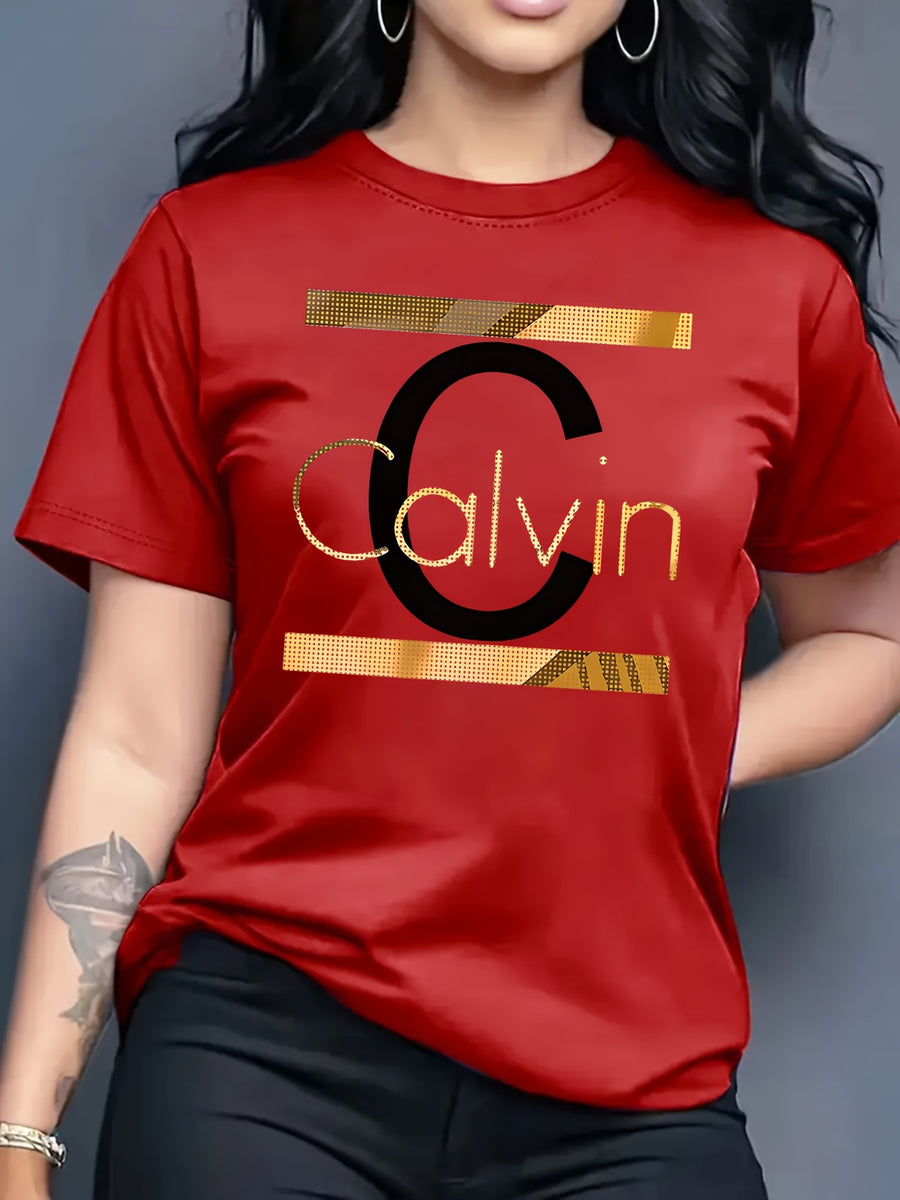 Calvin, Spring and Summer Graphic Print T-shirt, Short Sleeve Crew Neck Casual Top for Summer & Spring, Women's Clothing - Red